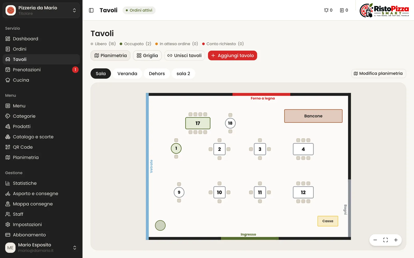 La planimetria dei tavoli nella dashboard