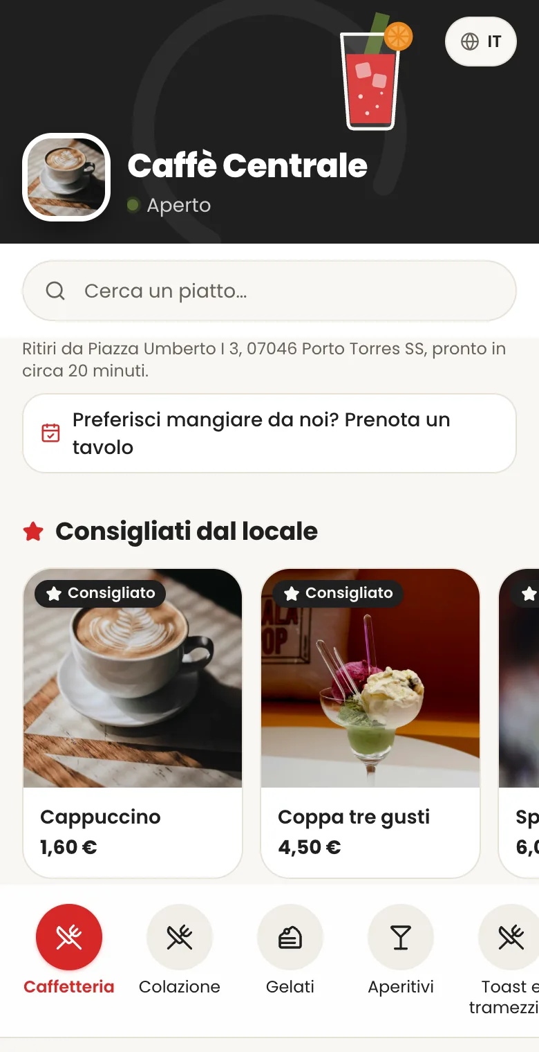 Il menu digitale di Caffè Centrale aperto dal telefono