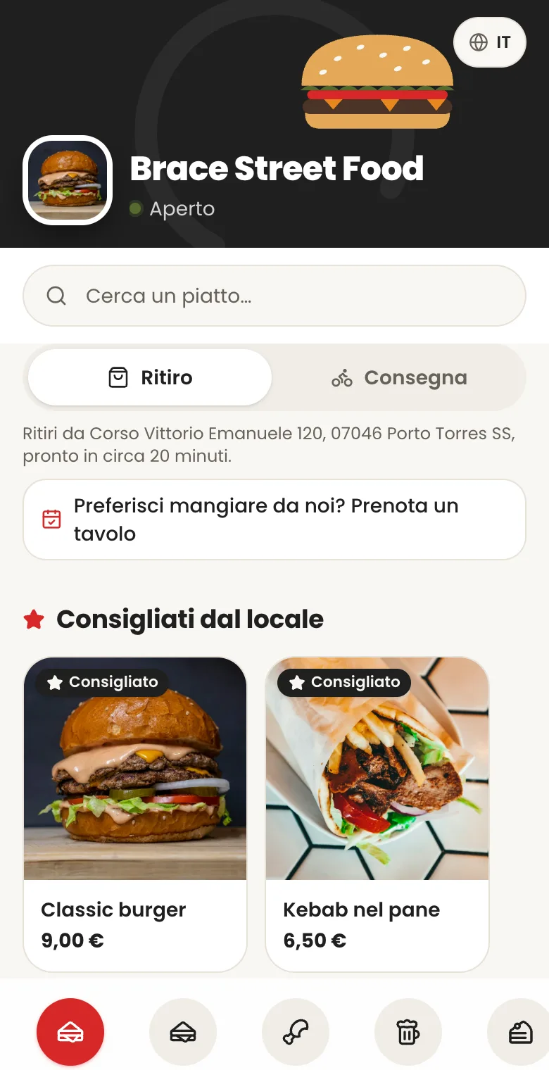Il menu digitale di Brace Street Food aperto dal telefono
