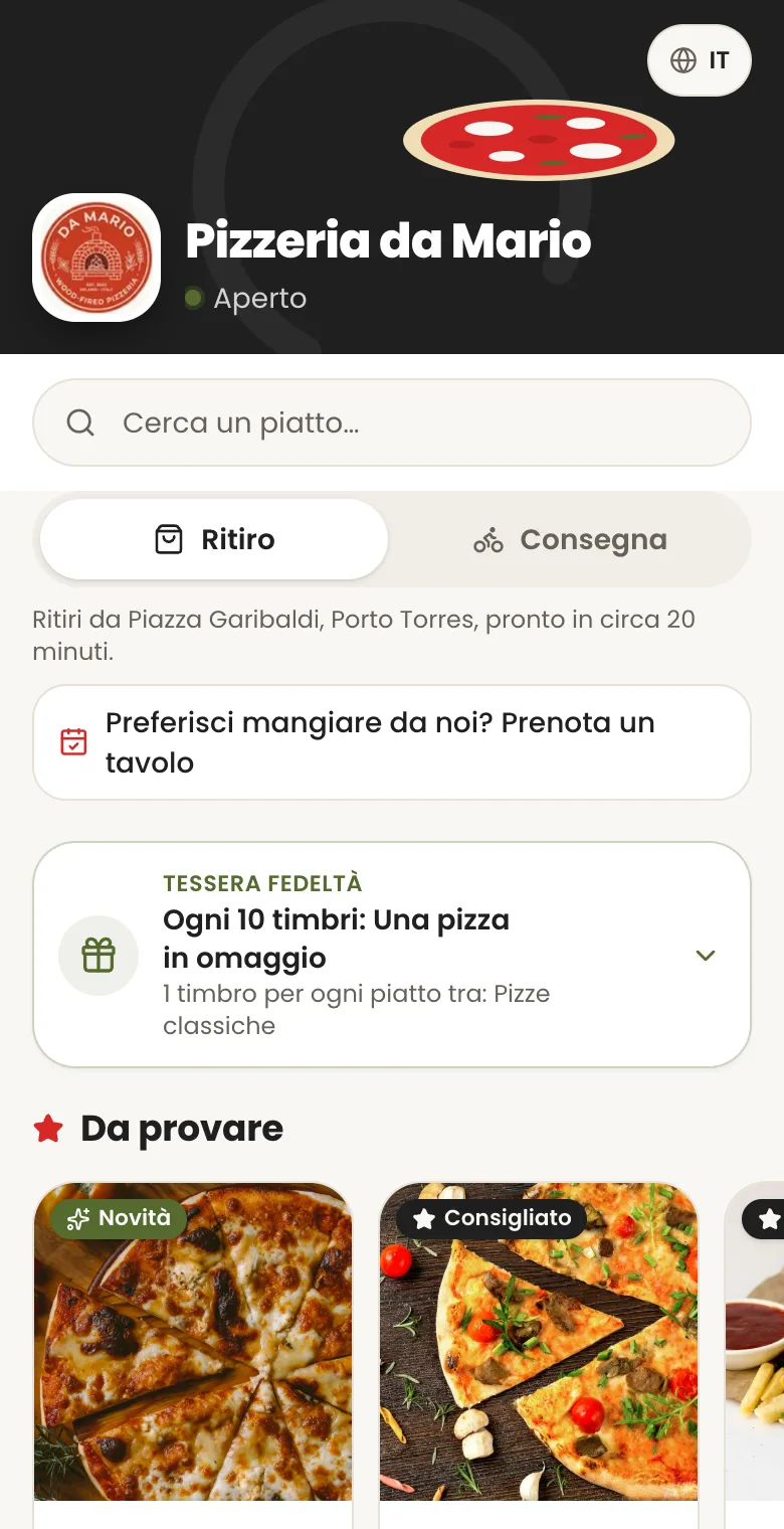 Il menu digitale di Pizzeria da Mario aperto dal telefono