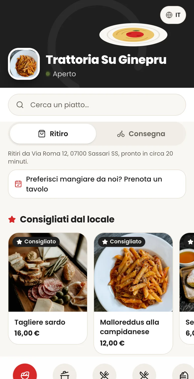 Il menu digitale di Trattoria Su Ginepru aperto dal telefono
